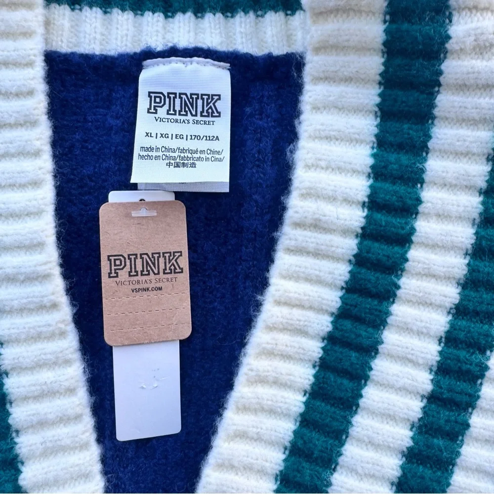 PINK VS Varsity Cardigan Blue Plaid Stripe Cozy Preppy XL NWT